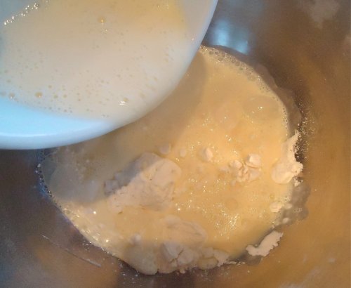 Mix the egg/milk mixture into the "dry" mixture. Then cook this slowly over heat to get the rum pastry cream.