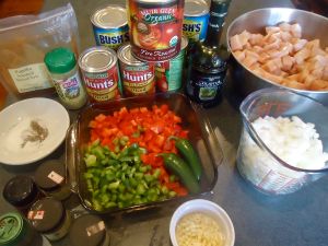 The ingredients for this chili - well almost. Missing are the stock/broth, the beer and the other large can of tomatoes. Oops!