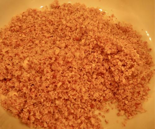 Here are the pecans after I ground them in my small food processor. Small but you can still tell what it is...
