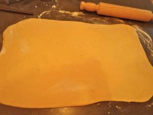 Here's the rectangle. Fold one side (left) over a third of the way and then the other side (right) over. Cover with plastic and allow to rest in the frig. You will do this rolling out and folding again 3 more times for a total of 5 times. You do not spread any more butter in, however. The folding, rolling out and resting incorporates the butter through the danish and makes it all light and flaky. See?