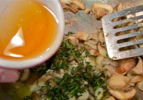 Add the Applejack (or Calvados or other suggested liquor) to the mushroom/shallot mixture. Toss in the thyme and season with salt and pepper. 