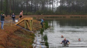 The last obstacle was a jump into one of the lagoons. At least most of the mud gets washed off...