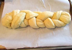The braided loaf ready for the glaze.
