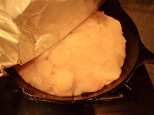 After 'crisping' on the stove top, check to see if a nice crust has formed. If it has remove to the preheated oven. If not continue on the stove for a few more minutes. 