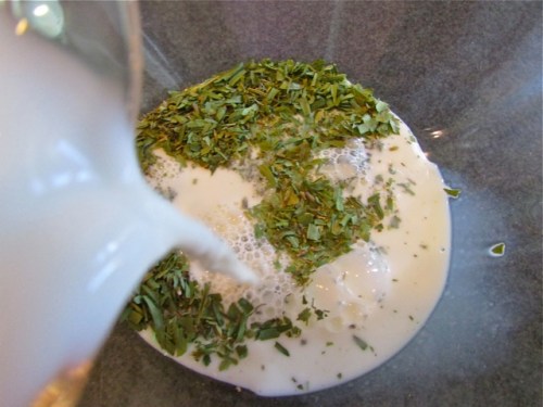 Mix the milk and herbs together before...