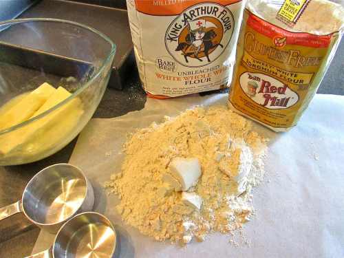 The shortbread crust ingredients - I used white whole wheat flour and sorghum flour. The shortbread was light and not dry with a good (but not overwhelming) butter flavor.
