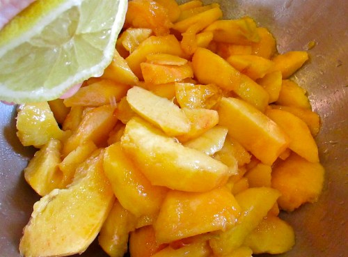 Cups of fresh peeled  peaches... squeeze on some fresh lemon juice. 